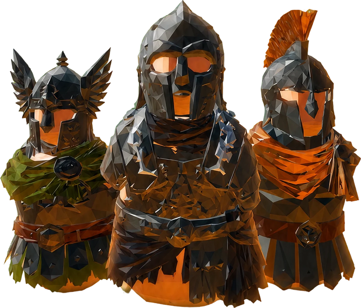 Three Mini Gladiators in dark armour with red, orange and green accents
