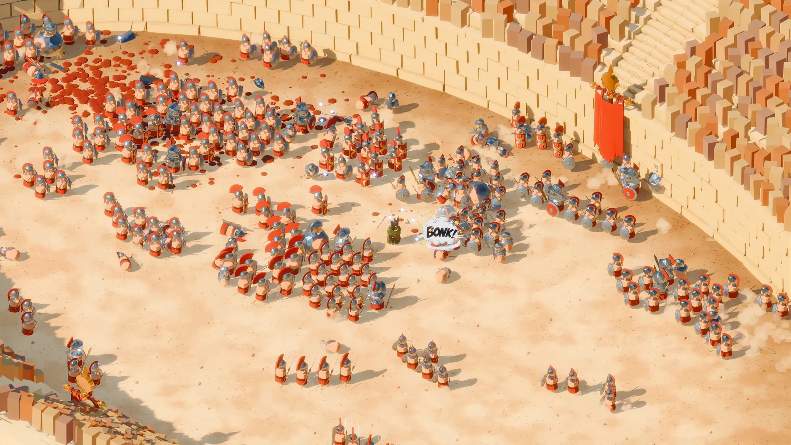 Gladiator surrounded by red and blue enemy formations in the sunlit arena