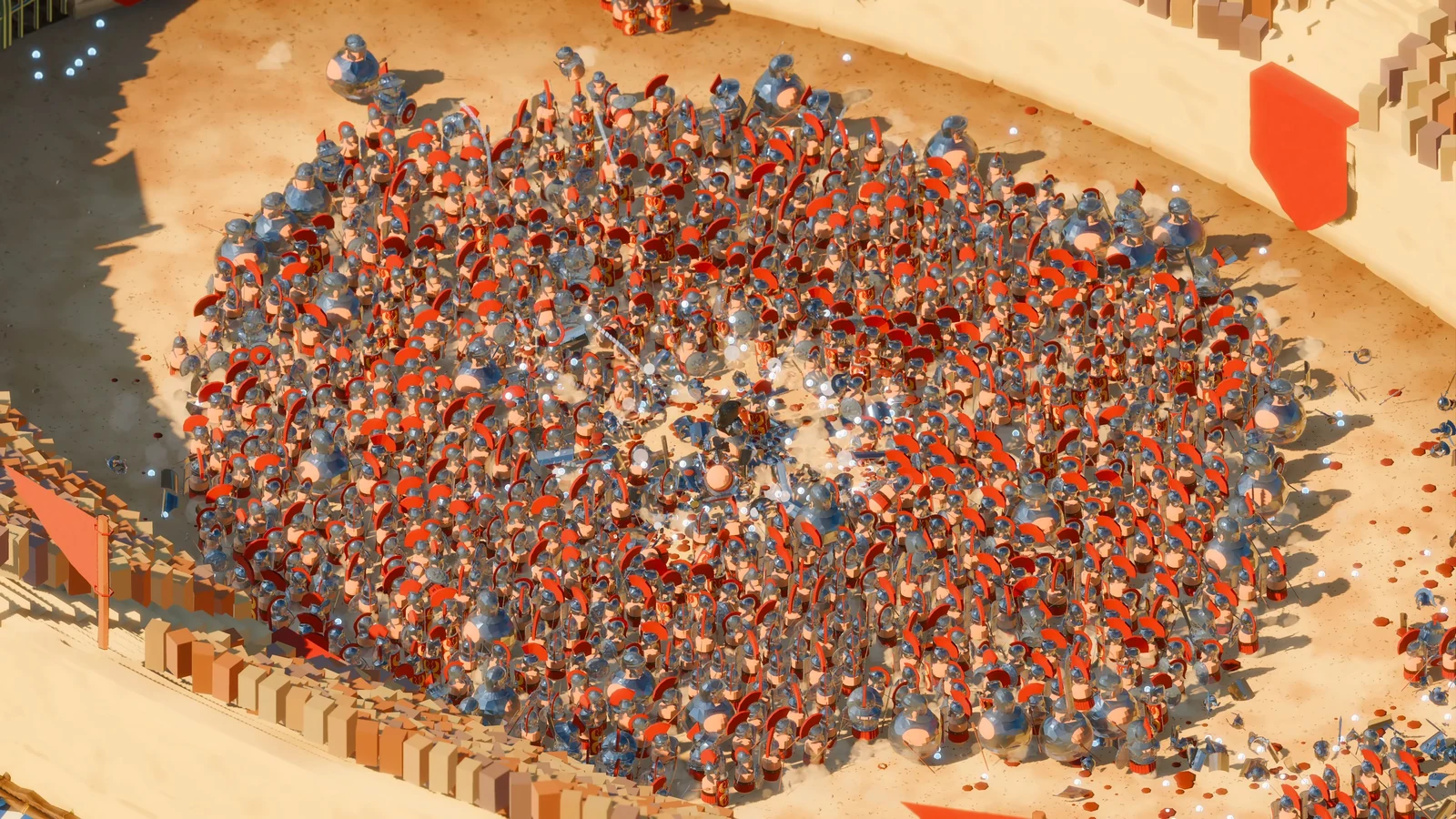 Hundreds of gladiators crowd together in a physics-driven arena battle