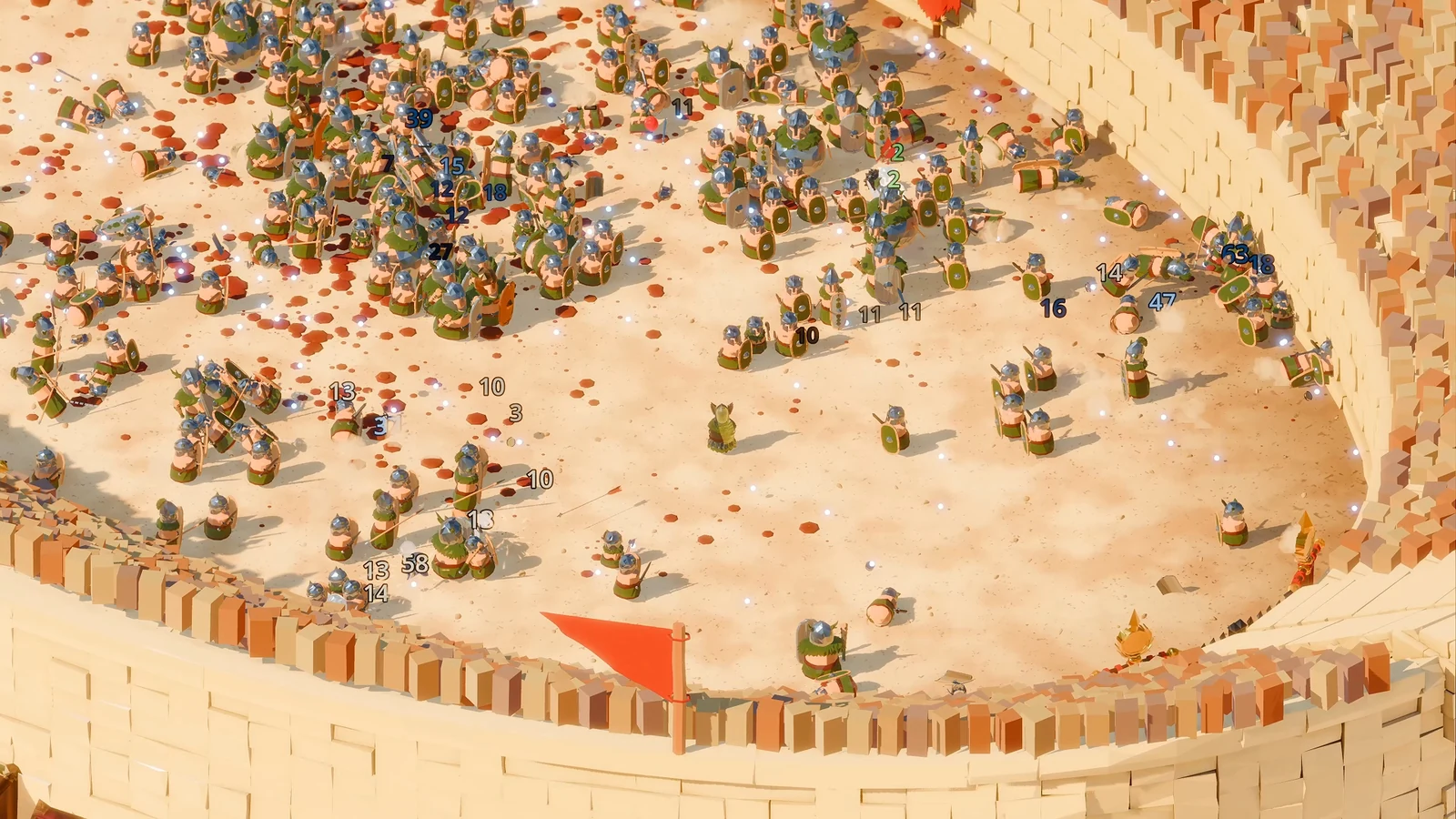 Weapons and enemies collide across the sandy arena