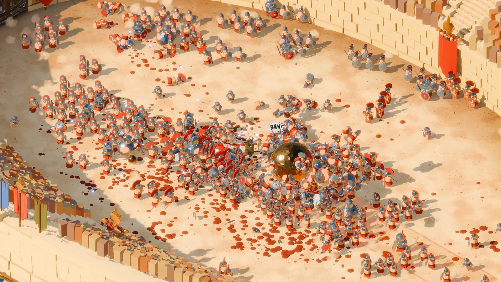 Enemies scatter around a giant rolling projectile in the arena