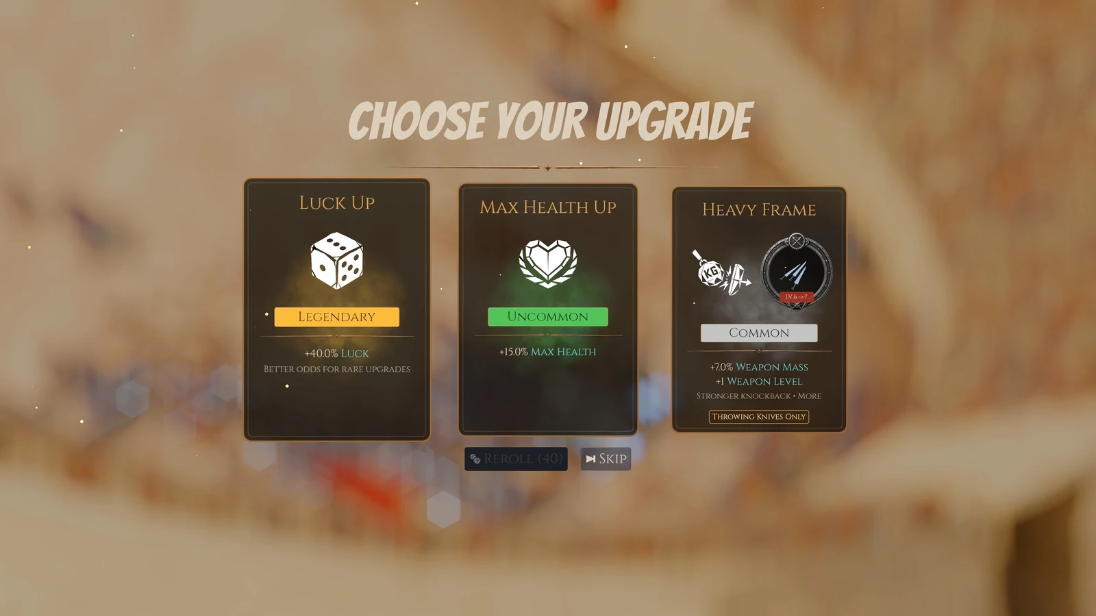 Choose your upgrade with Luck Up, Max Health Up, and Heavy Frame cards