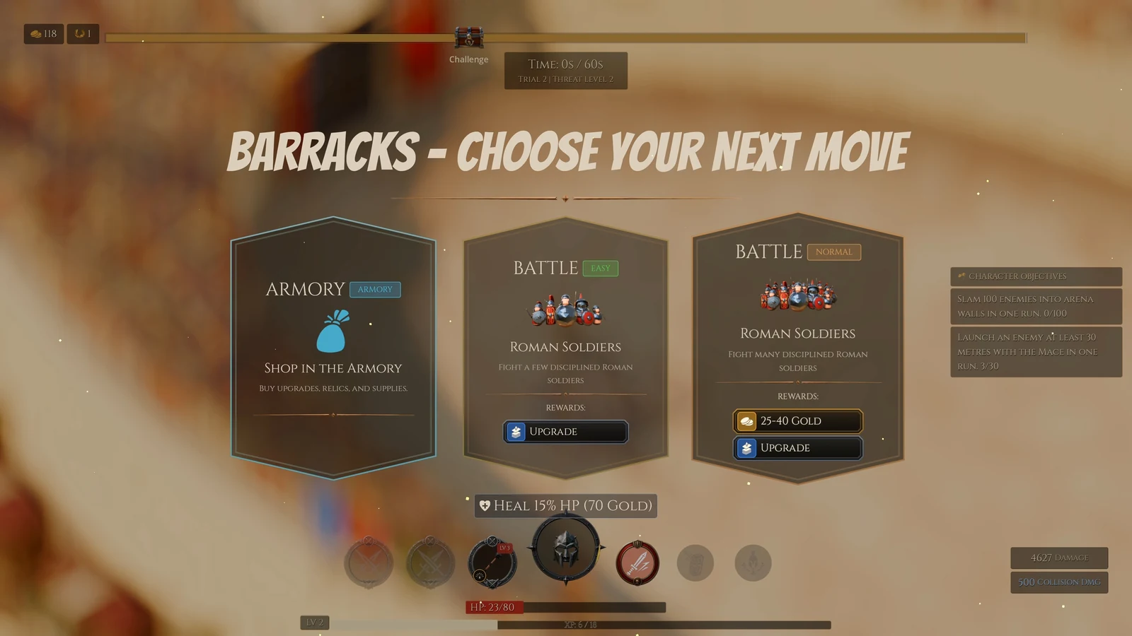 Barracks screen offers an armoury visit and a choice of battles